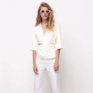 ZARA White Cut Out Collared Short Sleeve Linen Blend Top Size XS